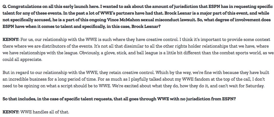 jedigoodman's tweet image. Per ESPN PR, ESPN programming executives Matt Kenny and John Lasker answered questions on Wednesday discussing the launch of ESPN’s partnership with WWE.