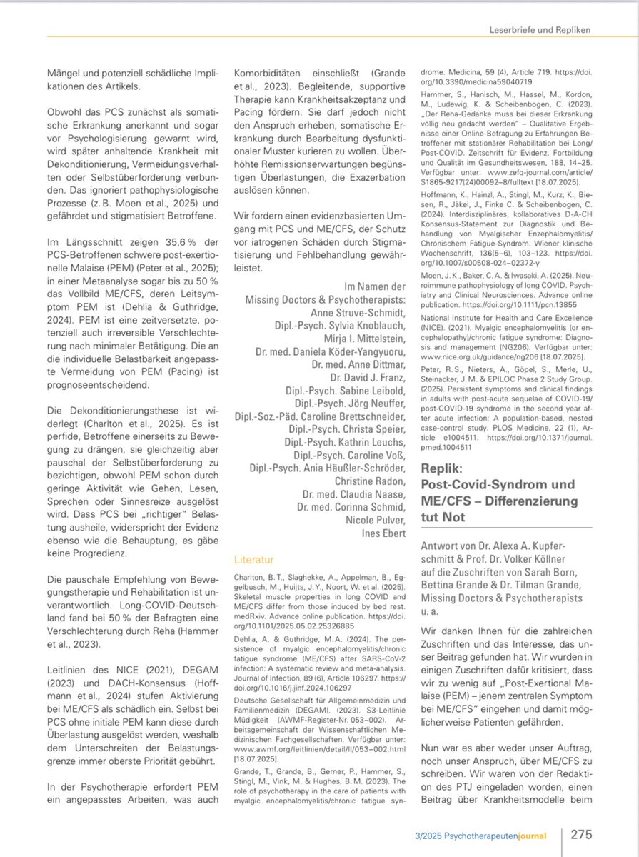 GrandeBettina's tweet image. Psychotherapeutenjournal 2/25;Kupferschmitt &amp;amp;Köllner:
„Das #PostCOVID Syndrom– Überblick über bio-psycho-soziale Erklärungsmodelle“(1)
Leserbriefe PTJ 3/25, u.a.
T. &amp;amp; B. Grande:
„#PEM zu erkennen ist keine akademische Feinheit-
sondern die Grundlage,
um Schaden zu vermeiden.“
(2)