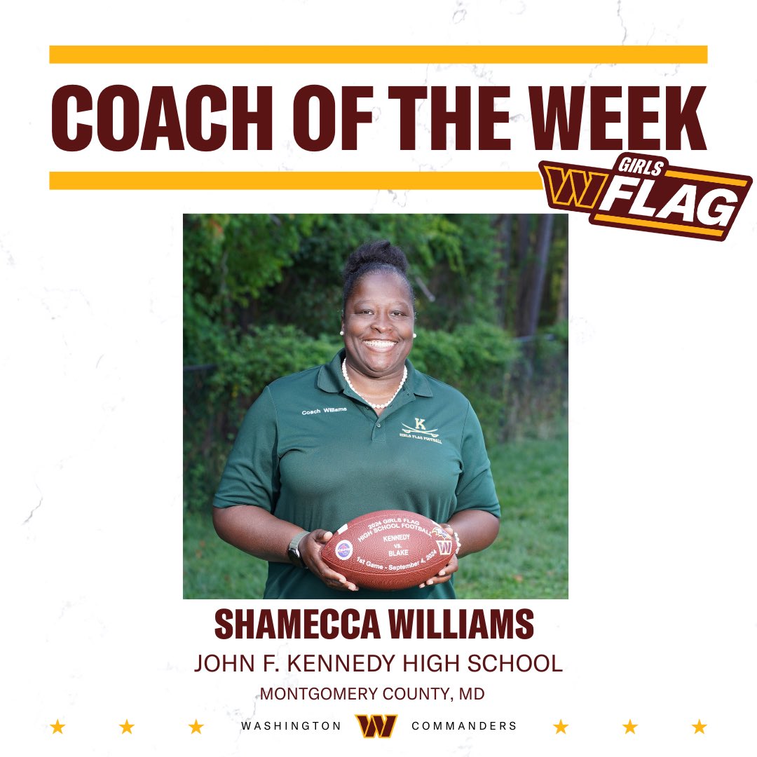 commandersCR's tweet image. Congratulations to our Week 1 Coaches of the Week! 🏈

Tackle Coach of the Week: David Bishop – Loudon Valley HS  
Flag Coach of the Week: Shamecca Williams – John F. Kennedy HS