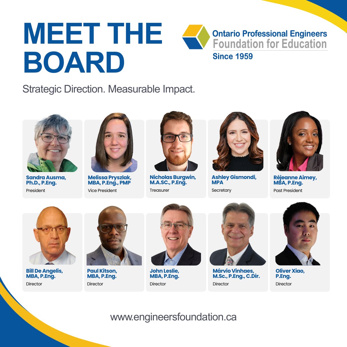 Introducing the Foundation's new Board of Directors! This group of leaders brings together diverse expertise, passion, and vision to advance our mission: supporting the next generation of engineers through scholarships in Ontario. Read the announcement: ow.ly/Sx5q50WYmec