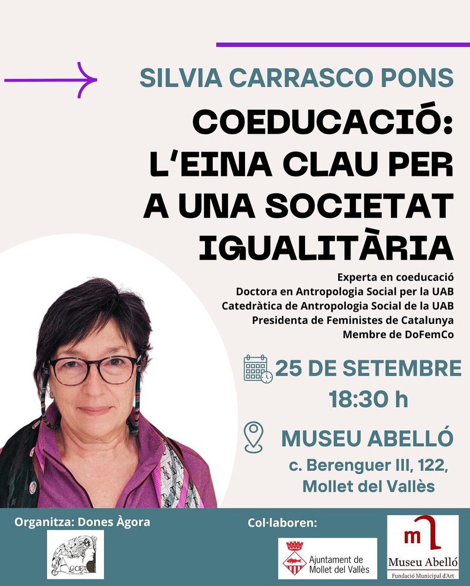 Dones Àgora us conviden a compartir una estona amb la <a href="/SilviaCarrascoP/">Silvia Carrasco #ContraLaMisèriaiLaIgnorància #XX</a> , experta en coeducació, per parlar d’aquesta eina, fonamental per avançar cap a una societat igualitària, lliure de sexismes i discriminacions. Us esperem el 25 de setembre al Museu Abelló de #mollet