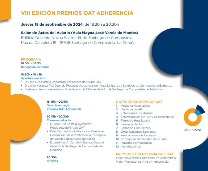 Este xoves 18 de setembro estarei en Santiago como vocal de Galicia de <a href="/sedap_es/">SEDAP</a>  na VIII Edición dos Premios OAT Adherencia, que recoñecen proxectos innovadores en #adherencia terapéutica.

👉 Máis info: tinyurl.com/4um2amxt

#PremiosOAT #Saúde <a href="/oatobservatorio/">Grupo OAT</a>