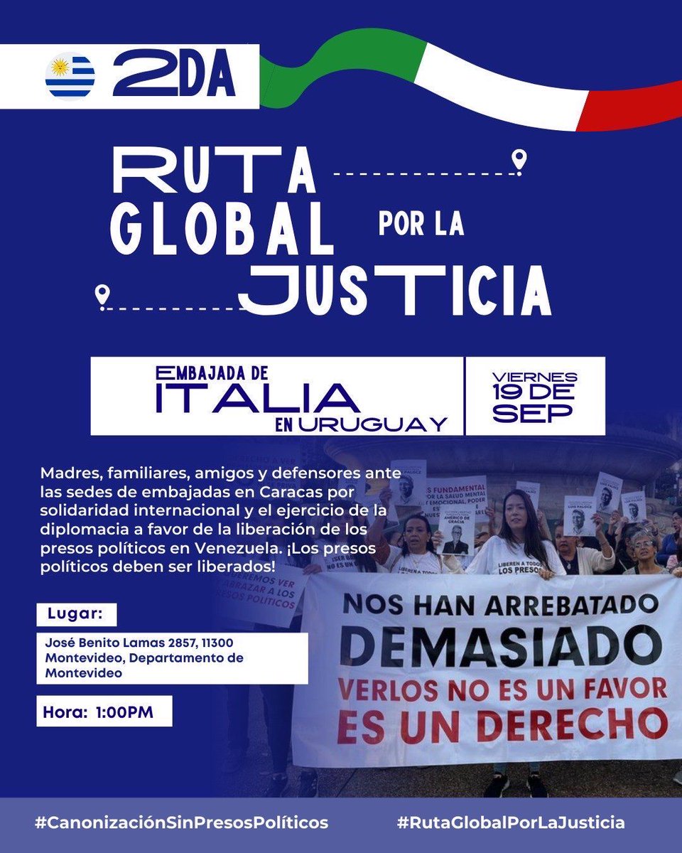 🌍✊ Este viernes 19 de septiembre, en el marco de la 2da Ruta Global por la Justicia, un comité acudirá a la Embajada de Italia en Uruguay para entregar una carta en la que solicitamos el apoyo internacional e intervención diplomática a favor de la liberación de los presos
