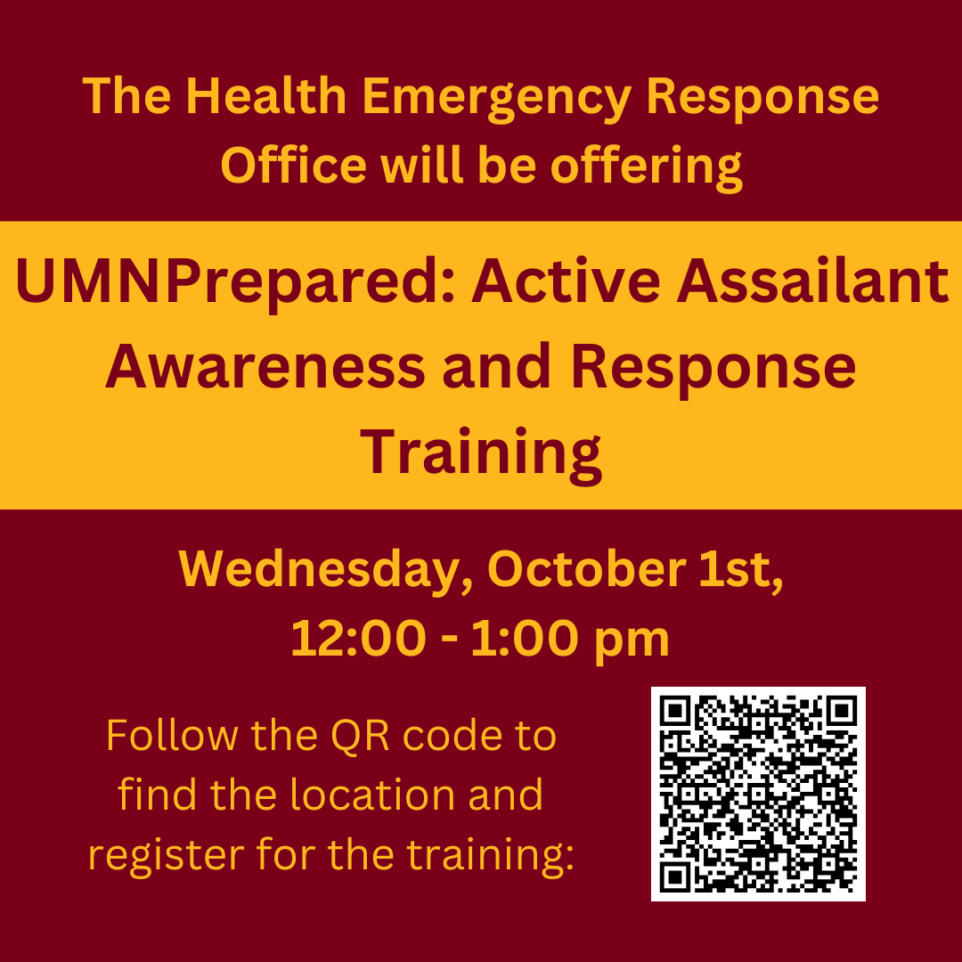 umnHERO's tweet photo. Do you know what to do should you find yourself encountering an active shooter/threat? This training, part of the UMNPrepared series, will prepare you to respond in these scenarios by reviewing the choices to evacuate, hide, or, as an option of last resort, challenge the shooter. https://t.co/hISQDhNrF1