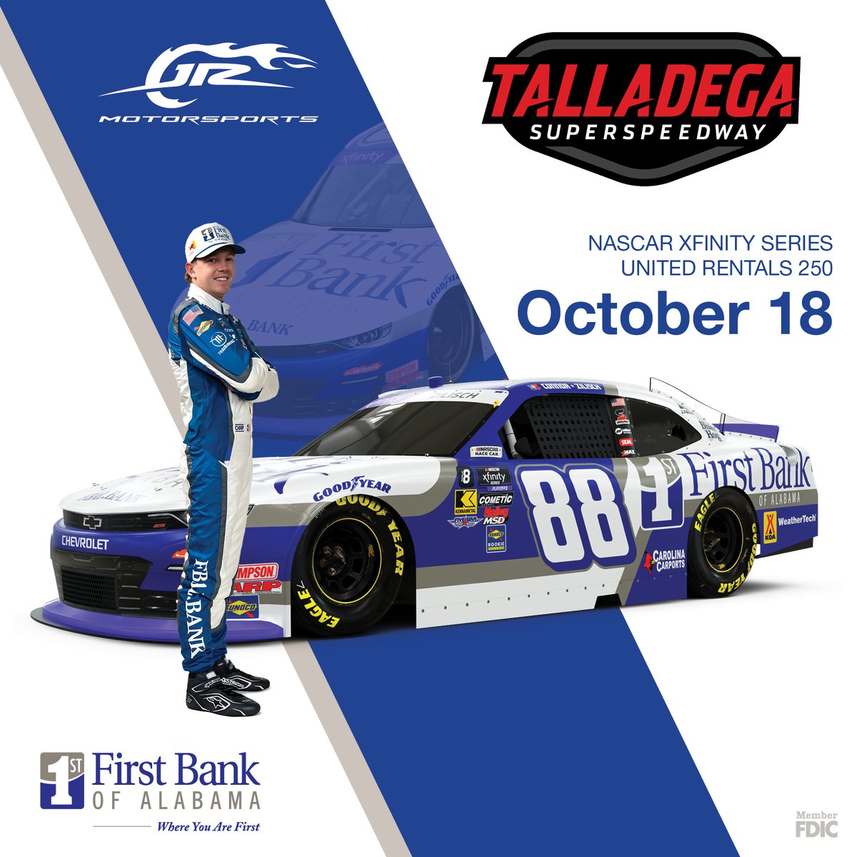 FirstBankofAlabama (@firstbankofal) on Twitter photo We are 👆 month away from a thriller in the NASCAR Xfinity Series Playoffs - the United Rentals 250 at <a href="/TALLADEGA/">Talladega Superspeedway</a> . We’ll be cheering loud for <a href="/JRMotorsports/">JR Motorsports</a> and <a href="/ConnorZilisch/">Connor Zilisch</a> as they hit the track in the @firstbankofal Chevrolet. 🏁 💪 We are 👆 month away from a thriller in the NASCAR Xfinity Series Playoffs - the United Rentals 250 at <a href="/TALLADEGA/">Talladega Superspeedway</a> . We’ll be cheering loud for <a href="/JRMotorsports/">JR Motorsports</a> and <a href="/ConnorZilisch/">Connor Zilisch</a> as they hit the track in the @firstbankofal Chevrolet. 🏁 💪