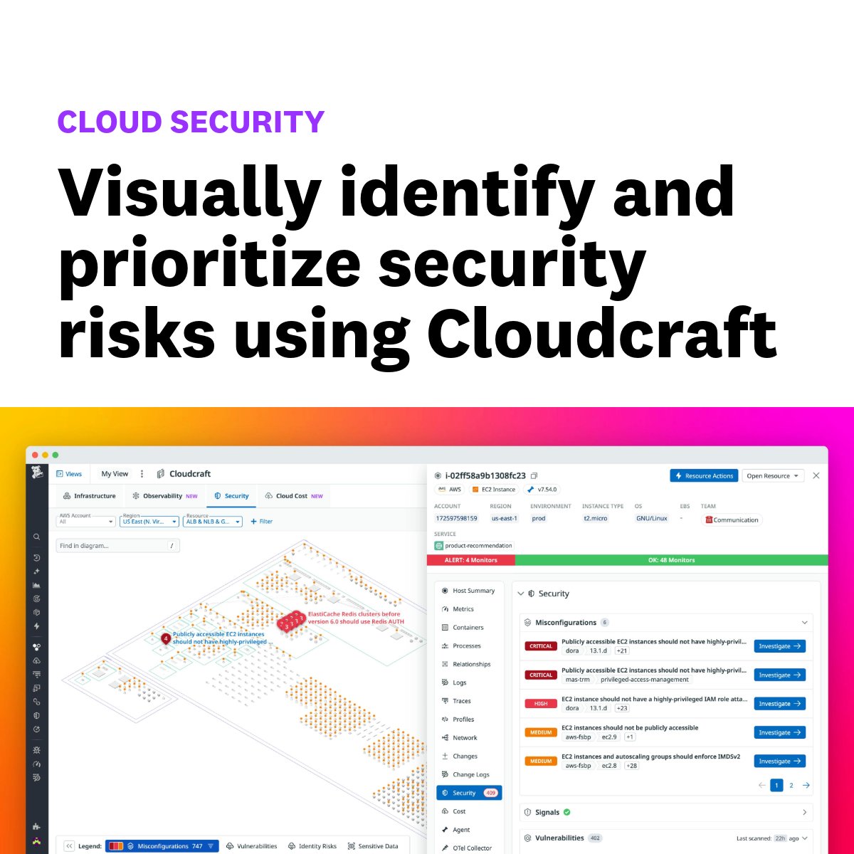 Cloud infrastructure is complex, and misconfigurations or hidden risks can leave teams exposed.

Datadog Cloudcraft surfaces misconfigurations and other security issues directly on a real-time diagram of your cloud infrastructure, so you can quickly identify risks and understand