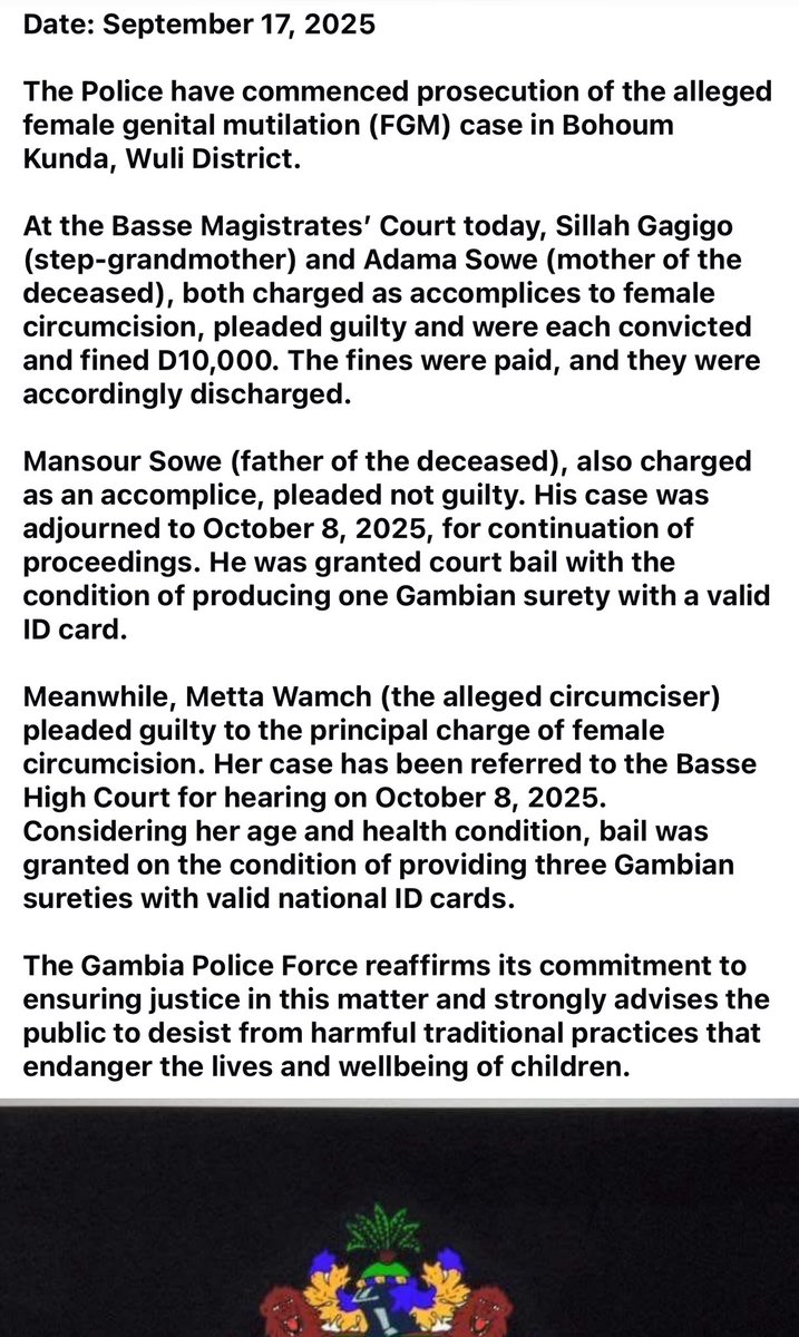 A newborn girl died from #FGM. Two adults pleaded guilty &amp; walked free after paying just D10,000 (less than £160).

This isn’t justice. It’s a disgrace.

Until the law treats FGM as the violence it is, girls will keep paying the price. 

The law must speak louder than tradition.