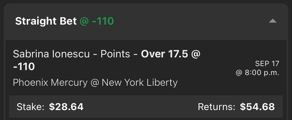 🚨 FREE PLAY 🚨
We bounce harder. 💥
Sabrina Ionescu – Over 17.5 Points (-110) Phoenix Mercury @ New York Liberty
Stake: $28.64 To Return: $54.68
Last night’s Aly slip didn’t go our way, but that’s the game. Tonight, we trust Sabrina to light it up at home and smash through her