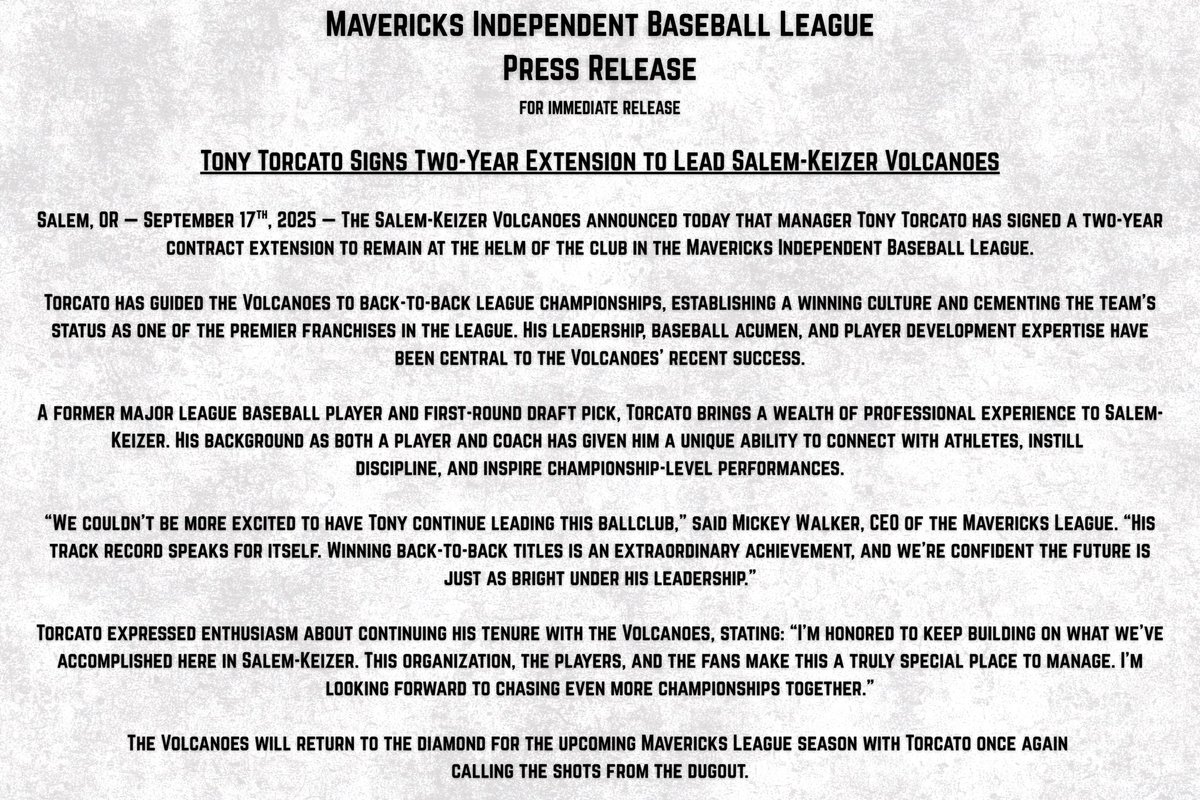 SKVolcanoes's tweet photo. 🚨BREAKING🚨 Salem-Keizer Volcanoes Manager, Tony Torcato, has signed a two-year extension. The back-to-back champions will look to become the first team ever to three-peat next season as Mavericks League Champions. https://t.co/qcmfBokCaz
