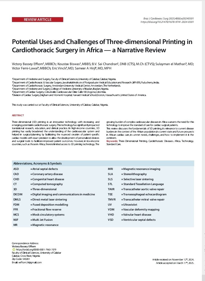 Excited to share that my paper on 3D printing in cardiothoracic surgery in Africa just got published in the Brazilian Journal of Cardiovascular Surgery. A huge thank you to the co-authors, supervisors and my mentors bjcvs.org/article/detail…