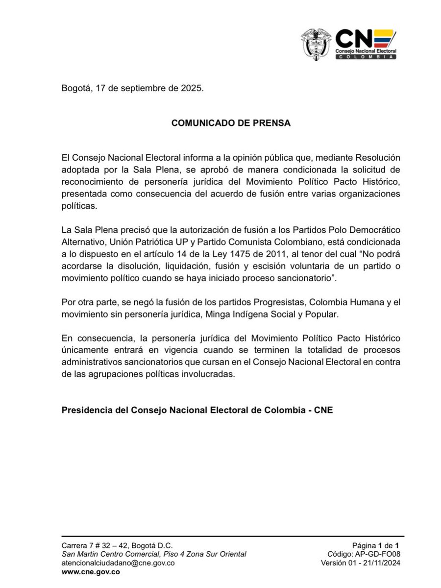 Esto es un pésimo precedente.
El <a href="/CNE_COLOMBIA/">CNE Colombia</a> pretende desmembrar a los partidos de gobierno dejando por fuera del <a href="/PactoCol/">Pacto Histórico Oficial</a>, a Progresistas y a la <a href="/ColombiaHumana_/">Colombia Humana</a>, y condiciona la fusión del <a href="/PoloDemocratico/">Polo Democrático Alternativo</a>, la <a href="/UP_Colombia/">Unión Patriótica</a> y el Partido Comunista a investigaciones en curso.