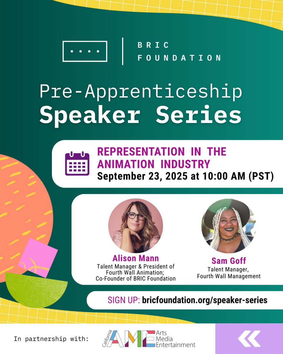 Curious about how representation works in animation? Join BRIC's free Pre-Apprenticeship Speaker Series on 9/23 where we'll demystify the role of talent managers with help from our friends at Fourth Wall Management. 
🔗 Register: bricfoundation.org/speaker-series