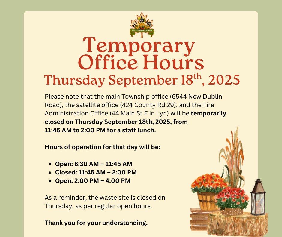 Temporary Office Hours: Thursday September 18th
* This post has been updated from our original post made yesterday to include our Fire Administration Office *