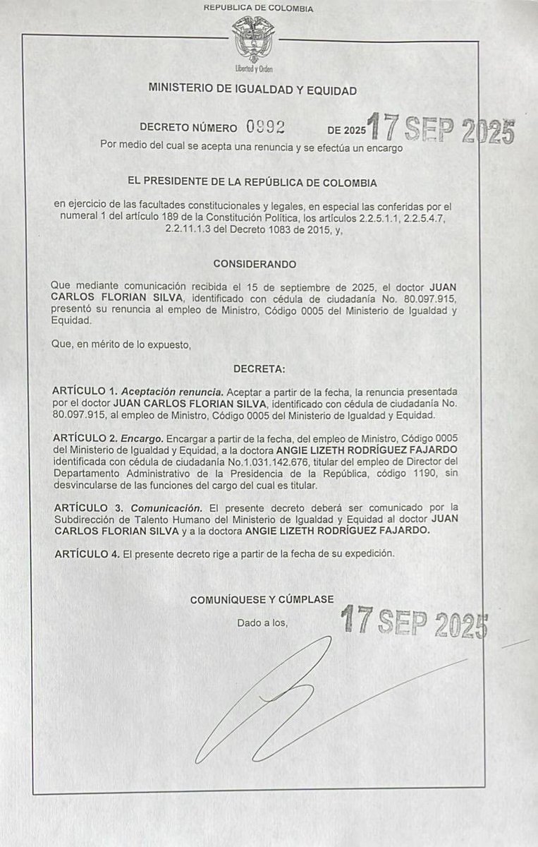 🚨ATENCIÓN | El presidente aceptó la renuncia de Juan Carlos Florian Silva como ministro de Igualdad. En encargo queda Angie Lizeth Rodríguez Fajardo, actual directora del DAPRE.