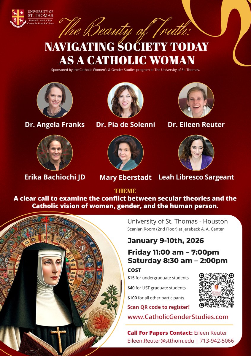 📢In a culture confused about men, women &amp; the human person, the Church offers wisdom, clarity &amp; hope.

✨ Join us Jan 9–10 at <a href="/stthomashouston/">University of St. Thomas</a> for talks by leading Catholic voices on gender, sexuality &amp; family life.

🎟 Tickets: quikpayasp.com/stthom/commerc…

#CatholicWomen