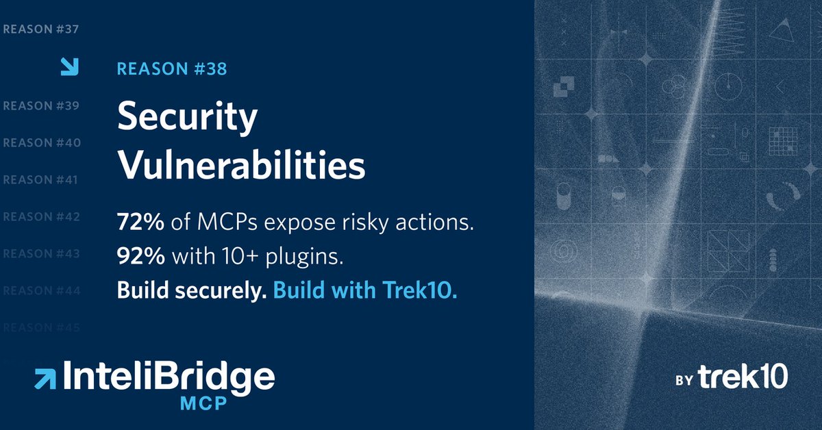 Trek10inc's tweet photo. Reason #38: Security matters.

72% of MCPs expose risky actions—92% with 10+ plugins (SC Media).

Don’t gamble with AI.

🔒 Work with Trek10 to build secure MCP servers on AWS.

Join the waitlist today: https://t.co/2acWkl5HJn https://t.co/u8E5Urxr3g