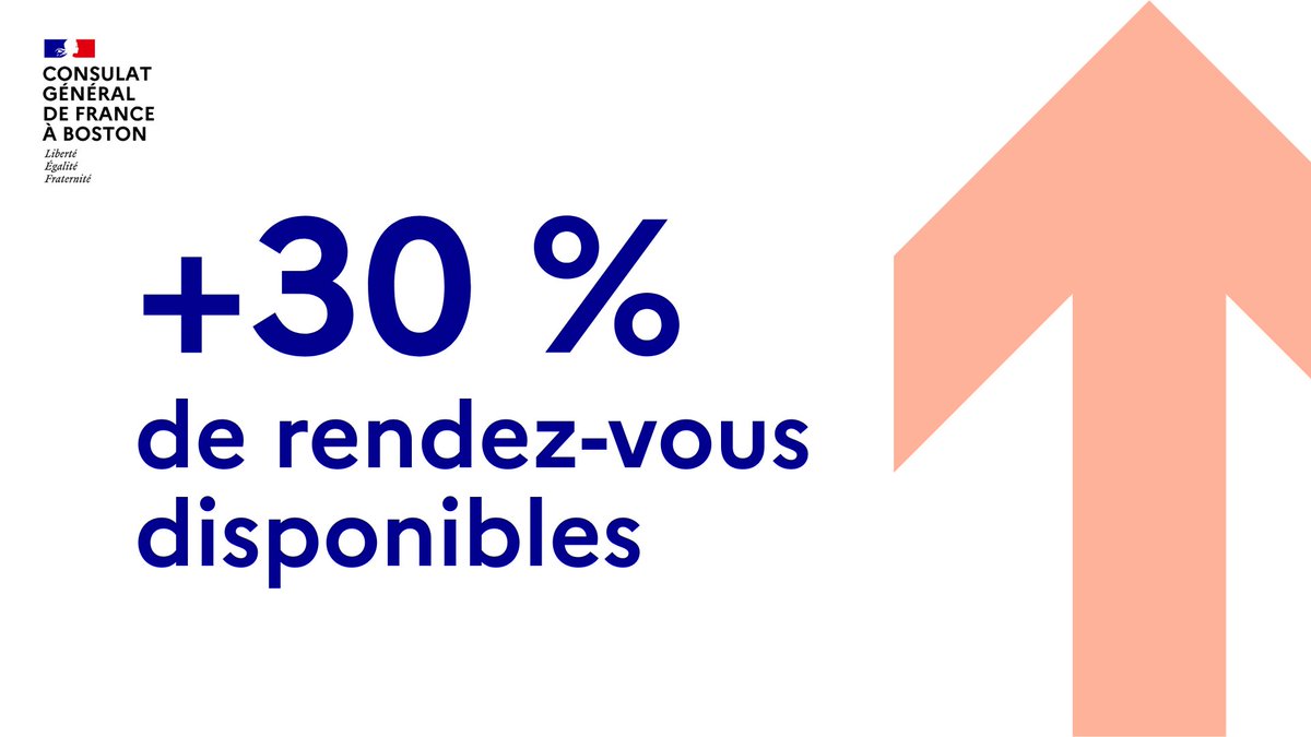 Consulate of France in Boston (@franceinboston) on Twitter photo Afin de mieux répondre à vos besoins et de réduire les délais de prise de rendez-vous, de nouveaux créneaux sont disponibles à compter de ce mercredi ! 👏
<a href="/franceintheus/">Embassy of France in the U.S.</a> <a href="/FR_Consulaire/">France Consul@ire</a> Afin de mieux répondre à vos besoins et de réduire les délais de prise de rendez-vous, de nouveaux créneaux sont disponibles à compter de ce mercredi ! 👏
<a href="/franceintheus/">Embassy of France in the U.S.</a> <a href="/FR_Consulaire/">France Consul@ire</a>