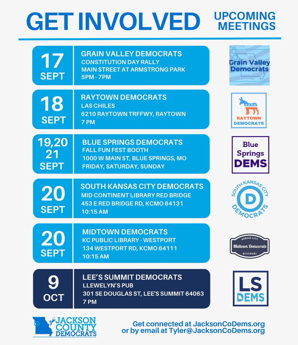 jaxcodemocrats's tweet image. It’s a full week of ways to get involved! 

Constitution Day w/Grain Valley Dems
Wednesday Sept 17th
5PM

Raytown Dems
Thursday Sept 18th
7PM

Fall Fun Fest w/ Blue Springs Dems
Sept 19, 20, 21

South KC Dems
Saturday Sept 20th
10:15AM

Midtown Dems
Saturday Sept 20th
10:15AM