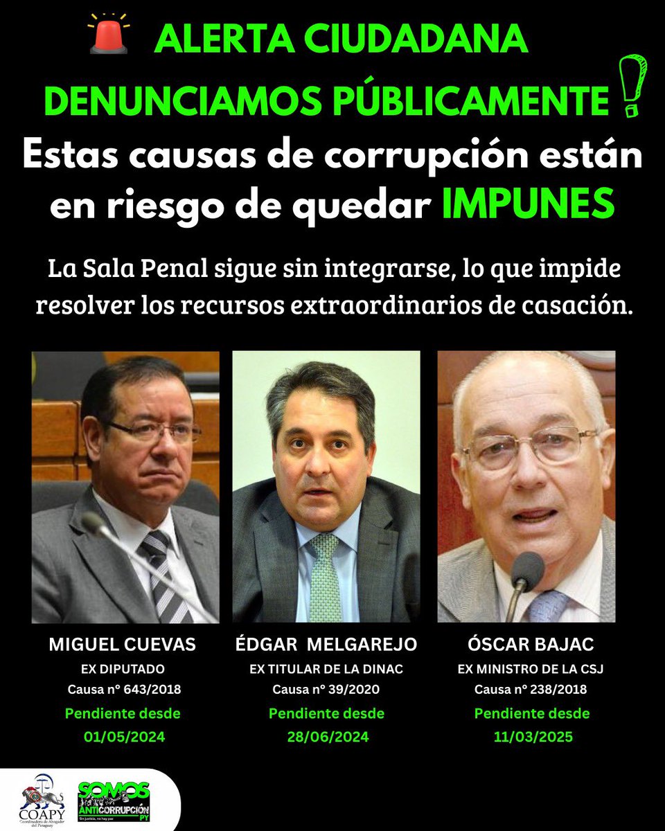 🗣️<a href="/PoderJudicialPY/">Corte Suprema CSJ</a> y <a href="/MinPublicoPy/">Fiscalía Paraguay</a> están notificados: si los expedientes emblemáticos de corrupción siguen beneficiándose con prescripciones o extinciones por mora judicial y por falta de urgimientos fiscales, eso constituye mal desempeño de funciones y debe ser sancionado.