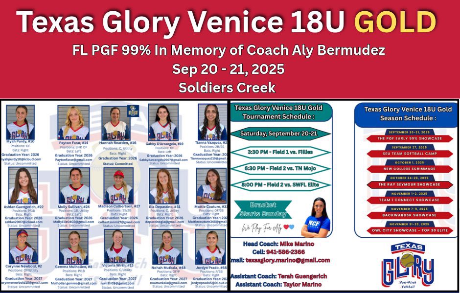 I’m so excited for my first tournament with <a href="/Glory18u_Marino/">Texas Glory Venice 18U Gold - Marino</a> this weekend in Longwood. 
<a href="/SCFManateesSB/">SCFManateesSB</a> 
<a href="/FAUSoftball/">Florida Atlantic Softball</a> <a href="/SaintLeoSB/">Saint Leo Softball</a> <a href="/UWFSoftball/">UWF Softball</a> <a href="/FGCU_Softball/">FGCU Softball</a> <a href="/EckerdSoftball/">Eckerd Softball</a> <a href="/SailfishSB/">PBA Softball</a> <a href="/UncommittedUsa/">UncommittedPlayersUSA</a> <a href="/NCAASoftball/">NCAA Softball</a> <a href="/naiasoftball_/">NAIA Softball</a>
<a href="/UftlSoftball/">UFTL Softball</a> <a href="/USFSoftball/">USF Softball</a> <a href="/FurmanSoftball/">Furman Softball</a>