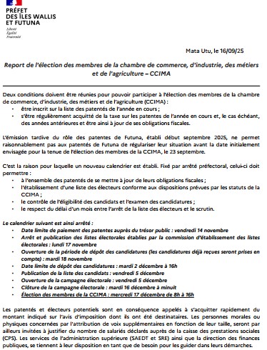 ℹ️Report de l'élection des membres de la CCIMA au 17/12/2025⤵️
wallis-et-futuna.gouv.fr/Actualites/Rep…
