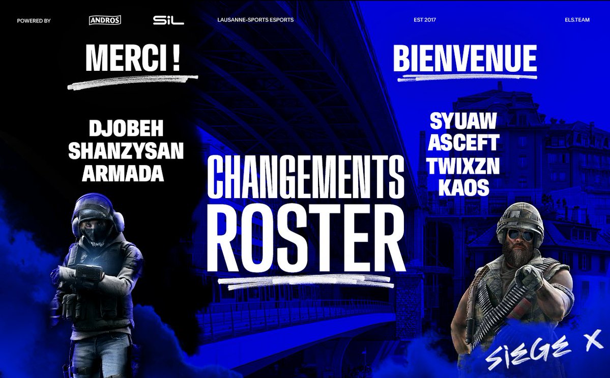 📢Changement du roster R6📢
Grand merci à eux pour avoir rejoint notre début dans la scène r6, on vous souhaite tout du bon pour la suite 🙏❤️
<a href="/ArmadaR6s/">Armada</a> 
<a href="/Shanzy_BDS/">SHANZYsan.DLR</a> 
<a href="/Peruano3k/">Djobeh 🇨🇭🇵🇪</a> (bench)

Et donnez un accueil chaleureux à nos trois nouveaux joueurs :
<a href="/SyuaW_/">SyuaW</a> 
<a href="/Asceft_R6/">Asceft</a> 
<a href="/twixzn/">TwixZn</a>
