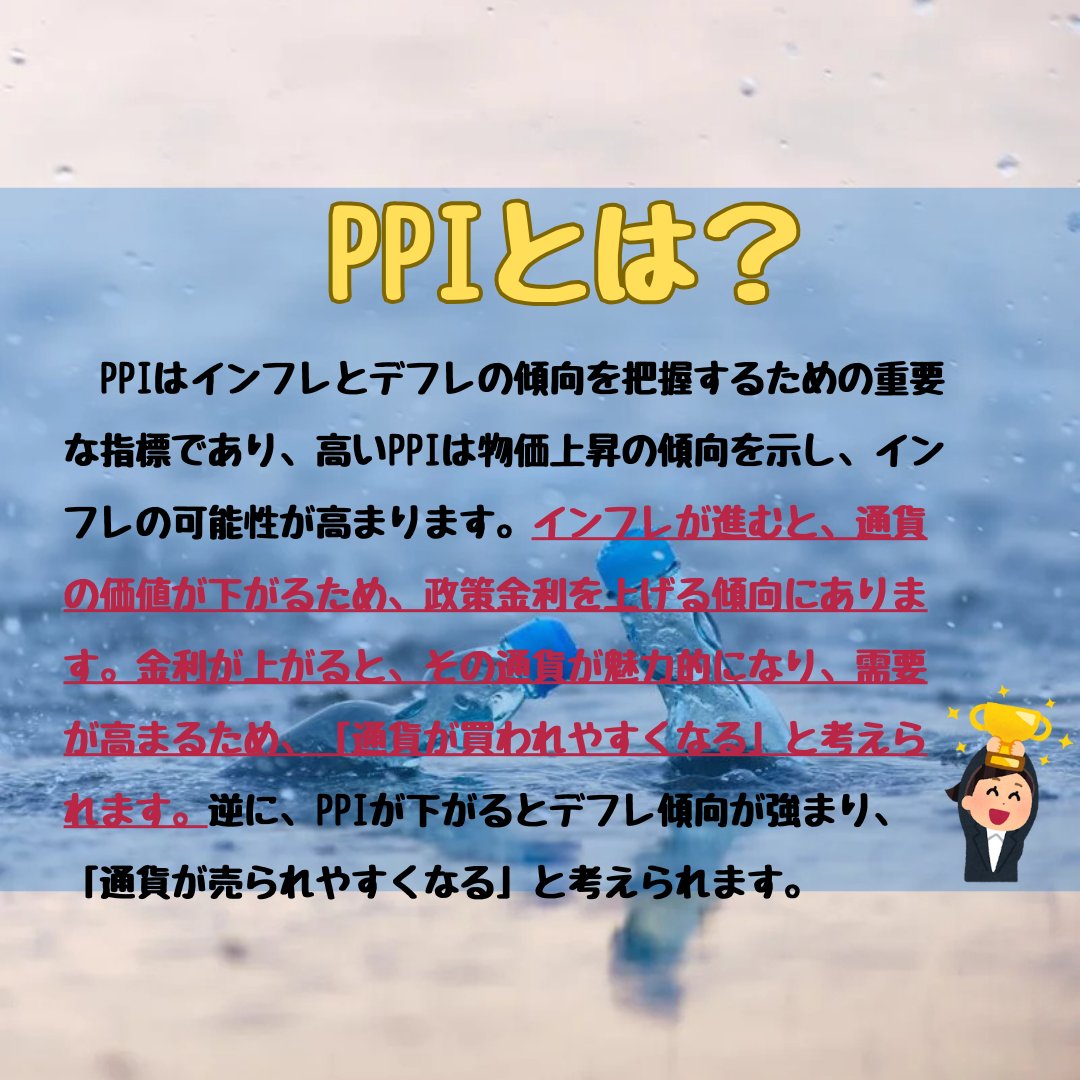 こんにちは、FXについてのノート更新中よ！

🏆第152回🏆

【PPIとは？】🤔

🔷生産者物価指数（PPI）は、製造業者の販売価格を基にインフレやデフレの傾向を示す重要な指標です。
🔷PPIが高ければ物価上昇が予測され、政策金利の引き上げが検討され通貨が買われやすくなります。

#PPI