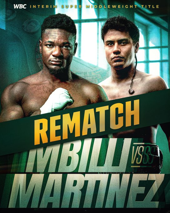 Cristian Mbilli and Lester MartÃ­nez standing shirtless in a boxing ring, wearing gloves. Text overlay reads "WBC INTERIM SUPER MIDDLEWEIGHT TITLE" at the top and "REMATCH MBILLI VS MARTINEZ" in the center.