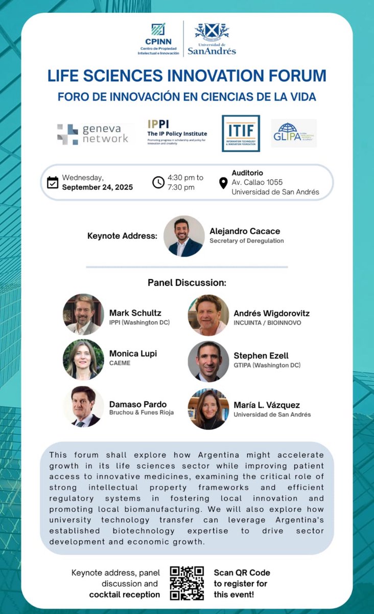 Foro de Innovación en Ciencias de la Vida

Miércoles 24 de septiembre 
16:30 a 19:30 h
Auditorio sede Callao <a href="/UdeSA/">Universidad de San Andrés</a> 

Actividad no arancelada con inscripción previa en:lnkd.in/dqejgmZn

Maestría en Propiedad Intelectual e Innovación/ CPINN