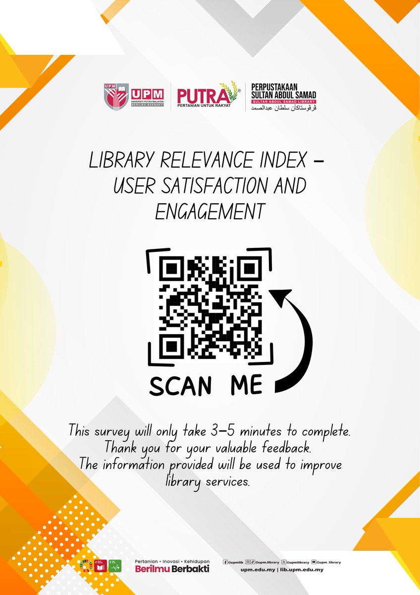 UPMLibrary's tweet image. 📷Library Relevance Index - User Satisfaction and Engagement📷

Access the survey here: forms.gle/dFKMUBYK6B3n8a…

Survey responses period: 4 September 2025 - 15 October 2025

#UPMLibrary #UniversitiPutraMalaysia #UPM #UPMKnowledgeHub #PSASKnowlegeHub #DiscoverPSAS