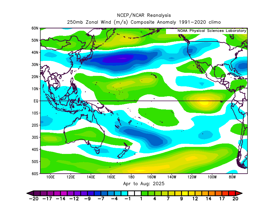 Can see the association between a poleward-shifted Pacific jet stream and marine heatwave development over the north pacific this summer.