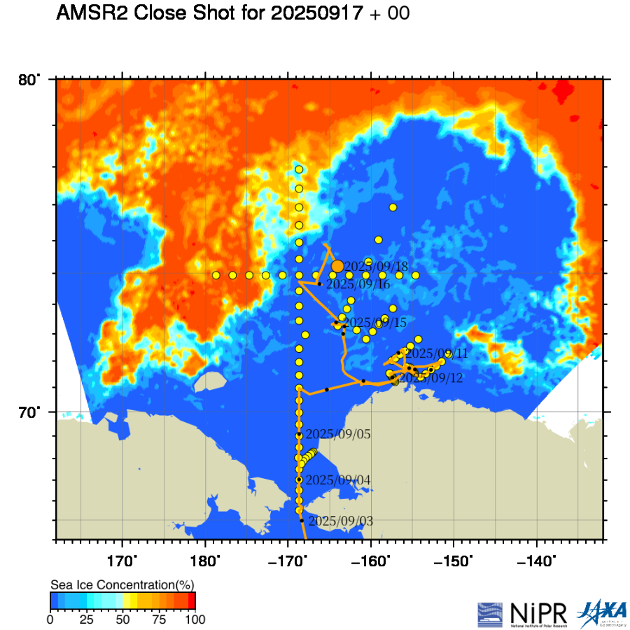ADS_NIPR's tweet image. 2025年9月18日 10:00　今日のみらいと海氷状況
北極海を北上しています。昨日は氷縁観測を実施した様子？
ads.nipr.ac.jp/venus.mirai/#/…
#みらい北極航海2025, #MR2505C, #ArCS_III, #みらいtheFINAL