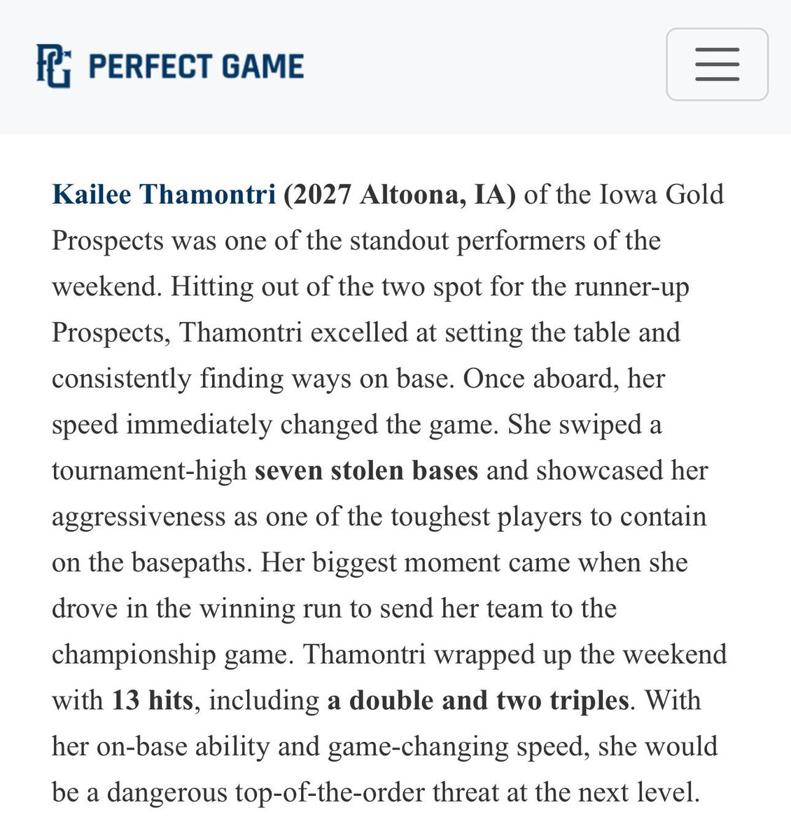 Thank you so much <a href="/PG_Softball/">Perfect Game Softball</a> <a href="/AshleyMears_PG/">Ashley Mears PG Scout</a> for the amazing write up! My team had a great weekend and I am excited to see how the season continues. 
<a href="/IAGoldProspects/">Iowa Gold Prospects 18U</a>