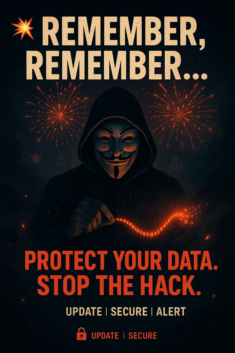 DonDoom3's tweet image. 💥 Remember, Remember… the 5th of Nov!
⚠️ Hackers lurk, 🔥 data can explode!
💻 Protect 💾 Secure 🔒 Alert 🚨
#CyberSecurity #HackProof #DataSafety #RememberThe5th #InfoSec