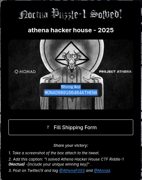 csktwt's tweet photo. My first ctf ever! 
I solved Athena Hacker House CTF Riddle-1 (Noctua) -[MONAD989166464ATHENA]

@AthenaF0SS  @monad https://t.co/63VeuvIy2Z