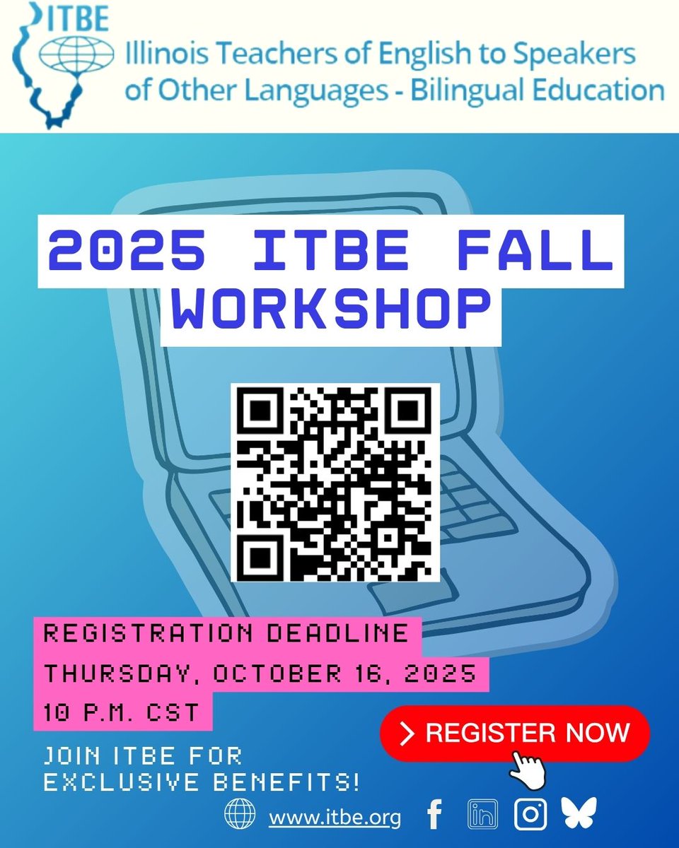 WN_ISU's tweet photo. 📌You're Invited: ITBE 2025 Fall Virtual Workshop – Register NOW!
🤗We’re thrilled to invite you to the 2025 Fall Virtual Workshop on Saturday, October 18, 2025.
🖱For event information including registration visit https://t.co/gy8TVwbpFj

#ITBE #ILTESOL #2025FALLWS https://t.co/VrXO3Kkt81