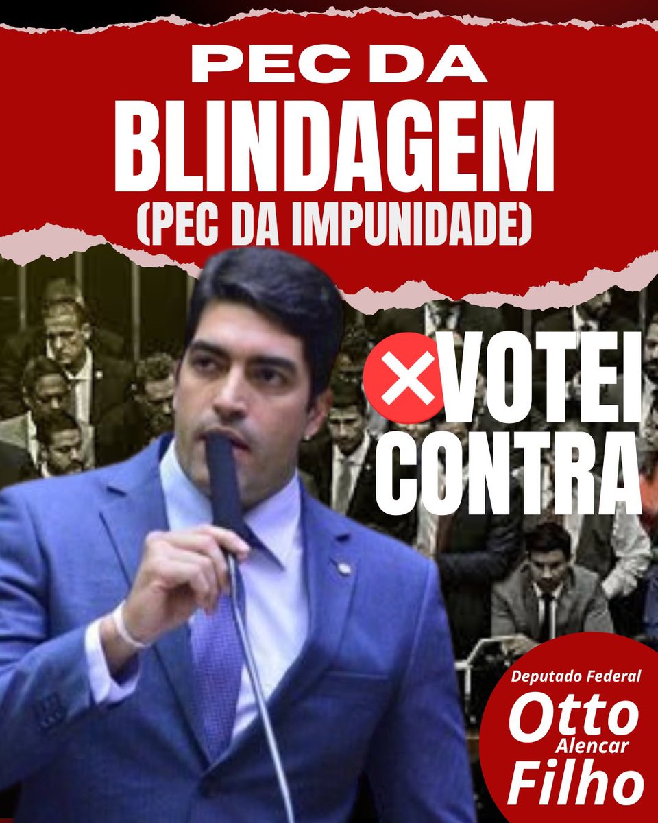 VOTEI CONTRA a PEC da Blindagem, que muda a legislação,  ampliando as prerrogativas parlamentares favorecendo a impunidade de corruptos, traficantes e milicianos.

A PEC  dificulta a penalização judicial de deputados ou senadores.

A nova geração do trabalho.
#ottoalencarfilho