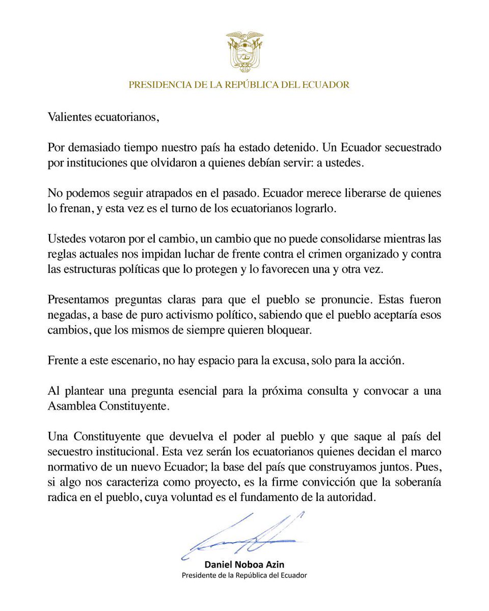 #MUNDO El presidente de Ecuador, Daniel Noboa, presentará ante la Corte  Constitucional una pregunta para convocar a una Asamblea Constituyente vía consulta popular.

De ser aprobada por el Tribunal, la pregunta para reformar la Constitución se incluirá en la próxima consulta que