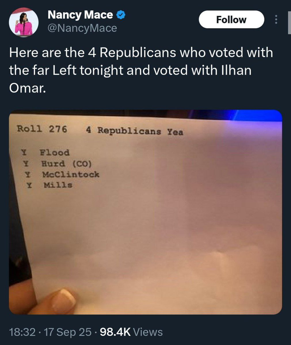 Time to make some noise. These four Republicans just refused to honor Charlie Kirk’s memory and character. They voted against censuring Ilhan Omar for her abhorrent comments about Charlie and his assassination.