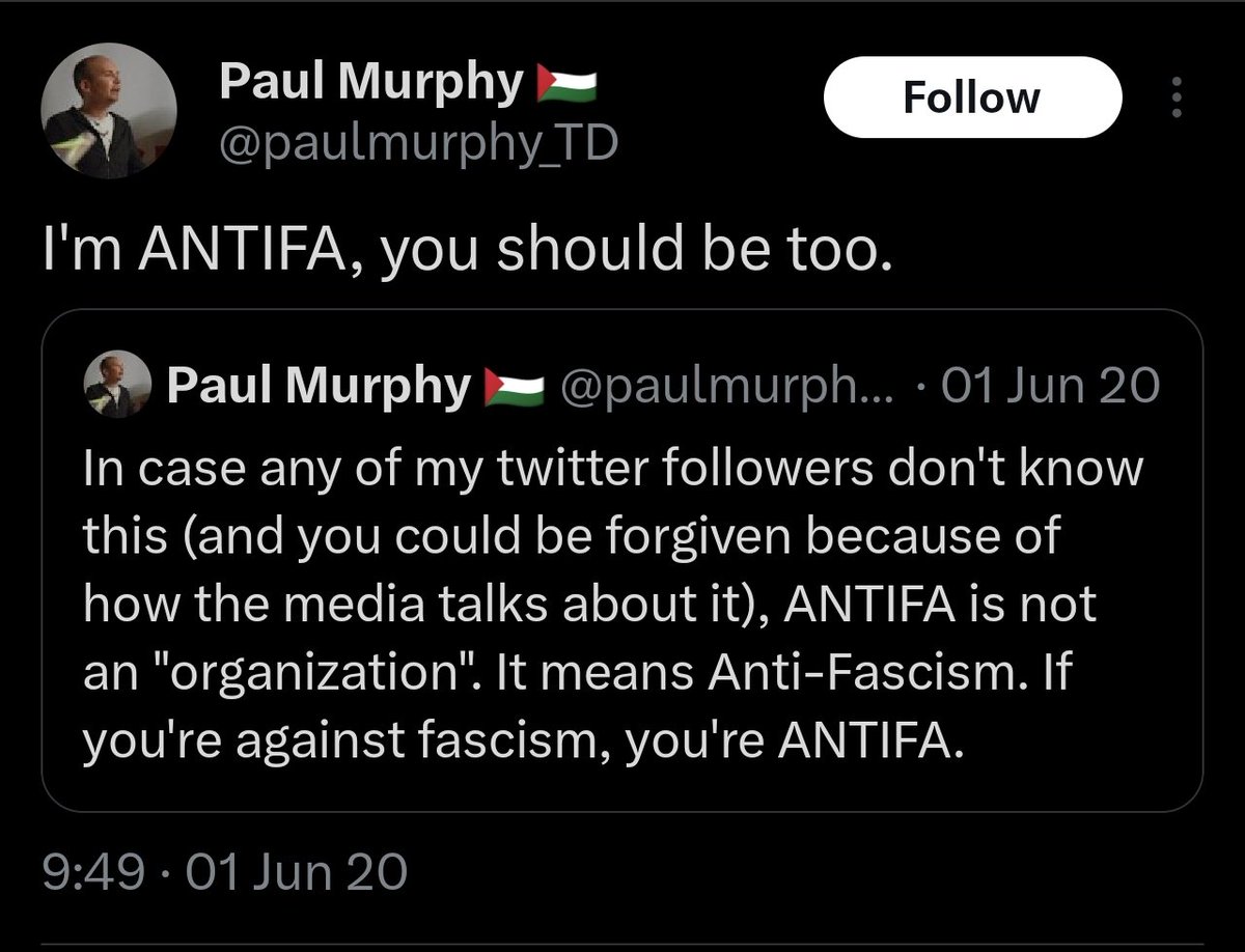 President Trump to designate Antifa as a terrorist organization! 

This will have major consequences in Ireland where members of the parliament proudly identify as members of the global terrorist organization.