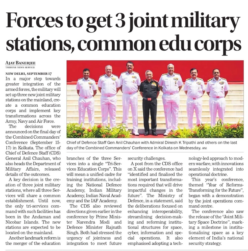 Ajay Banerjee (@ajaynewsman) on Twitter photo Three new joint military stations on the mainland, a common education corps and identification of transformations across the Army, Navy and Air Force.
<a href="/thetribunechd/">The Tribune</a>
<a href="/HQ_IDS_India/">HQ IDS</a>
<a href="/adgpi/">ADG PI - INDIAN ARMY</a> <a href="/IAF_MCC/">Indian Air Force</a>
<a href="/indiannavy/">SpokespersonNavy</a>
Link 👇
tribuneindia.com/news/india/for… Three new joint military stations on the mainland, a common education corps and identification of transformations across the Army, Navy and Air Force.
<a href="/thetribunechd/">The Tribune</a>
<a href="/HQ_IDS_India/">HQ IDS</a>
<a href="/adgpi/">ADG PI - INDIAN ARMY</a> <a href="/IAF_MCC/">Indian Air Force</a>
<a href="/indiannavy/">SpokespersonNavy</a>
Link 👇
tribuneindia.com/news/india/for…