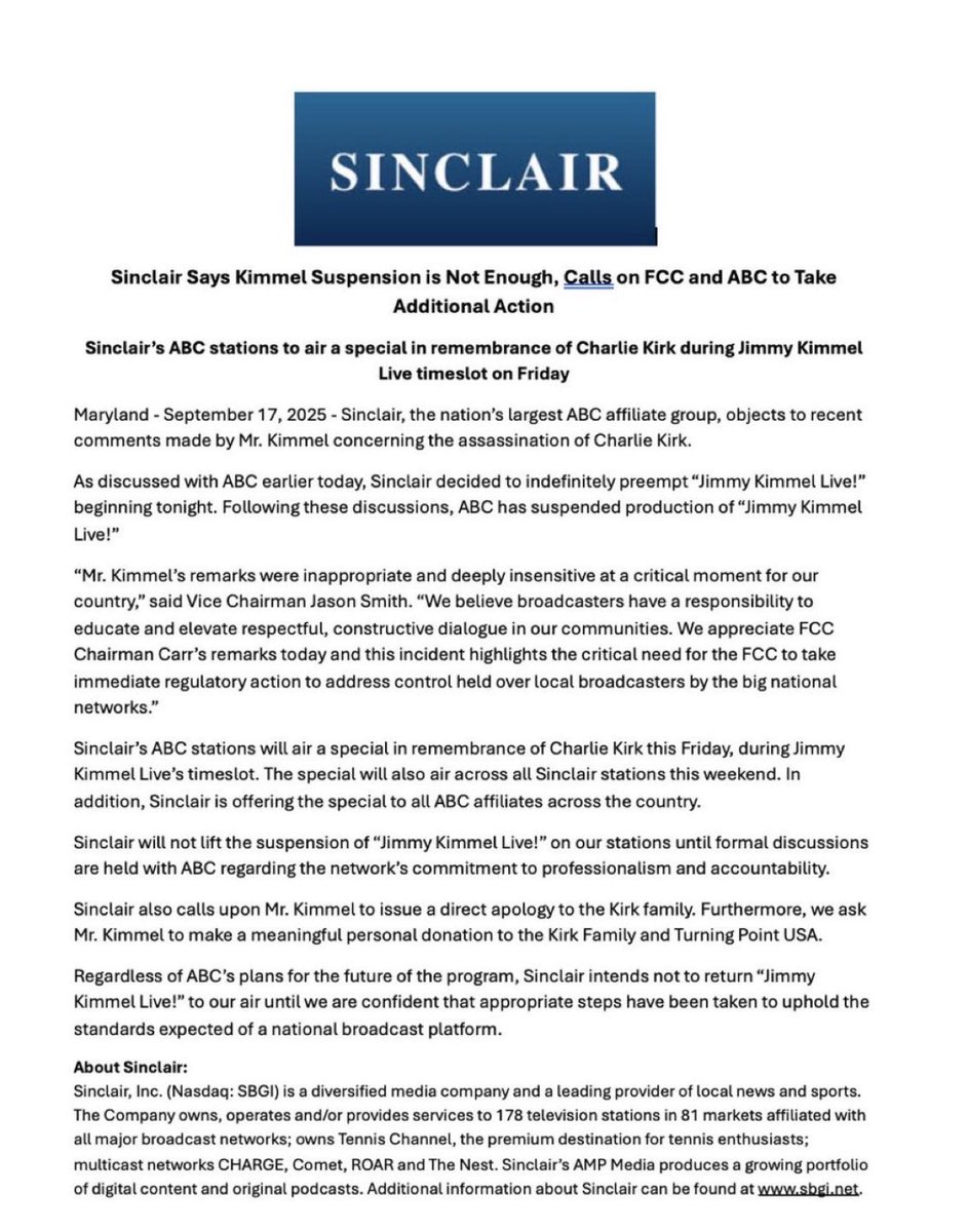 NEW: Sinclair Broadcasting Group will air a special in remembrance of Charlie Kirk during Jimmy Kimmel’s (now cancelled) time slot on Friday.

“Sinclair's ABC stations to air a special in remembrance of Charlie Kirk during Jimmy Kimmel live timeslot on Friday.”

Awesome!