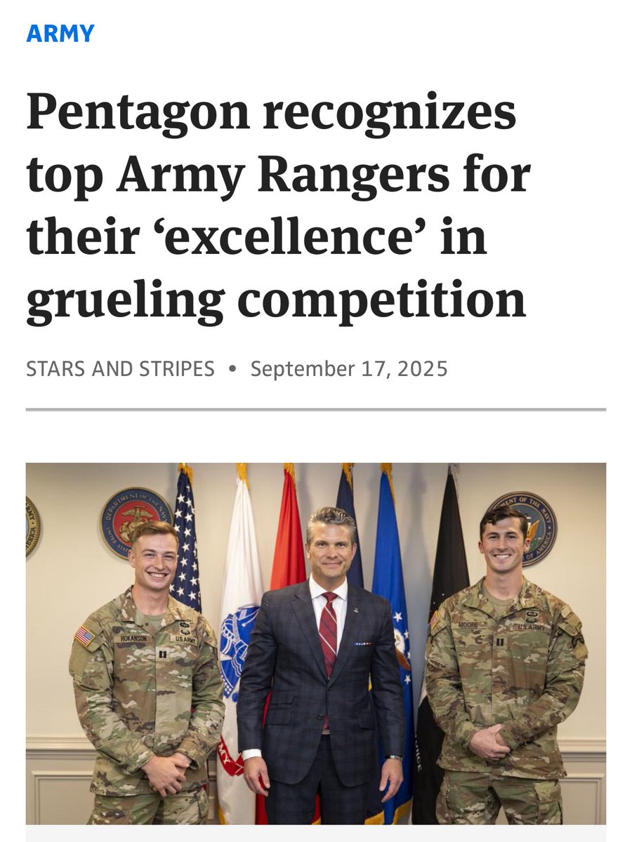 Honored to welcomed two winners &amp; warriors to the War Department.

Meet Army Captains Kevin Moore &amp; Griffin Hokanson. The best of the best — 2025 “Best Ranger Competiton” winners. 

Congratulations, men.