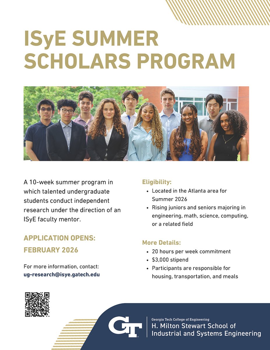 cau_curc's tweet image. Ready to take your research experience to the next stage? The Summer Scholars Program at Georgia Tech presents undergraduates with the opportunity to take part in engaging and impactful hands-on research with profound faculty mentors.

📲To get involved, scan the QR code below: