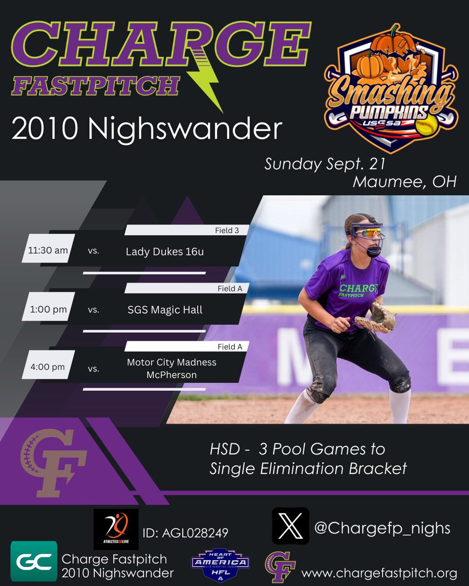 🥎 First fall tournament is here! Headed to Maumee, OH for the Smashing Pumpkins tournament this weekend—can’t wait to be back on the field together and compete!  #GoCharge 💚 ⚡️ 💜