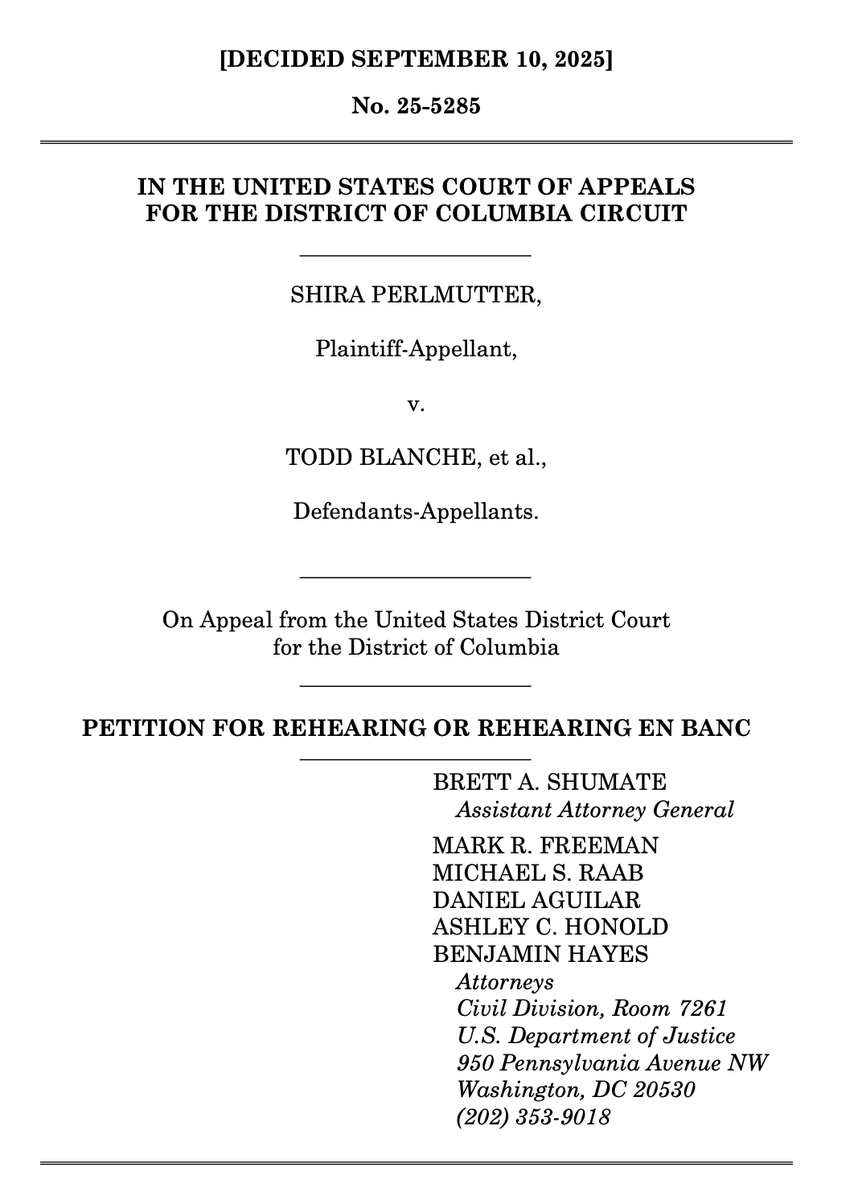 AdamEisgrau's tweet image. BREAKING &amp;amp; BIG:  The Trump Administration has just asked the DC Circuit panel that reinstated the Register of Copyrights to reconsider its Order doing so or, alternatively, for rehearing of the case by the full DC Circuit en banc: