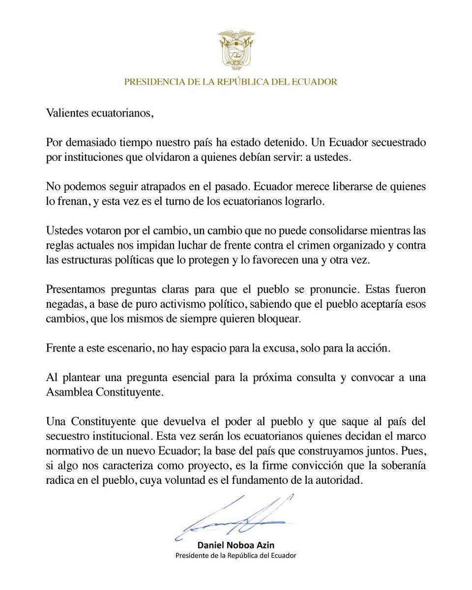 Finalmente, el presidente Noboa anuncia un proceso constituyente. Decisión, a mi juicio, adecuada. Tarea compleja superar el principal obstáculo: la <a href="/CorteConstEcu/">Corte Constitucional</a>, que en esta materia ha ido de la rigurosidad a la imposición subjetiva de excesivos requisitos. Un buen estatuto
