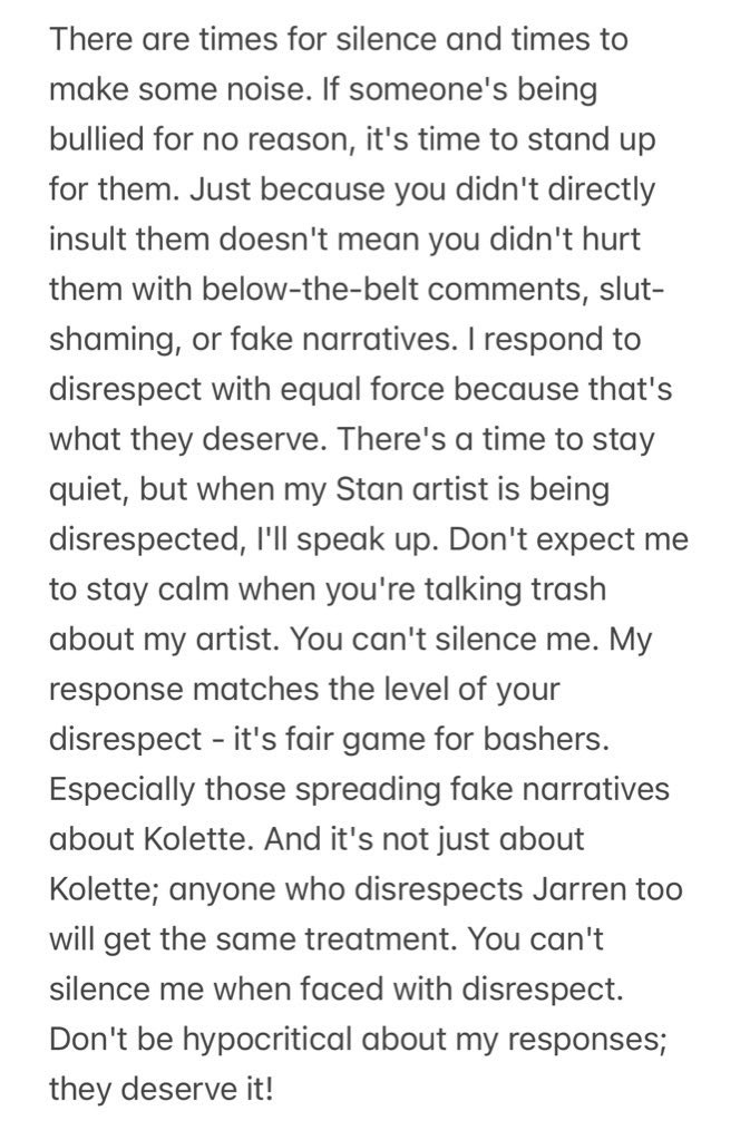 When injustice speaks louder than silence, it's time to speak up . I'll match disrespect with equal force, because that's what bashers deserve. Don't expect calmness when my artists are being trashed. Fair game for those who start the disrespect. So I leave it here🙌🏻