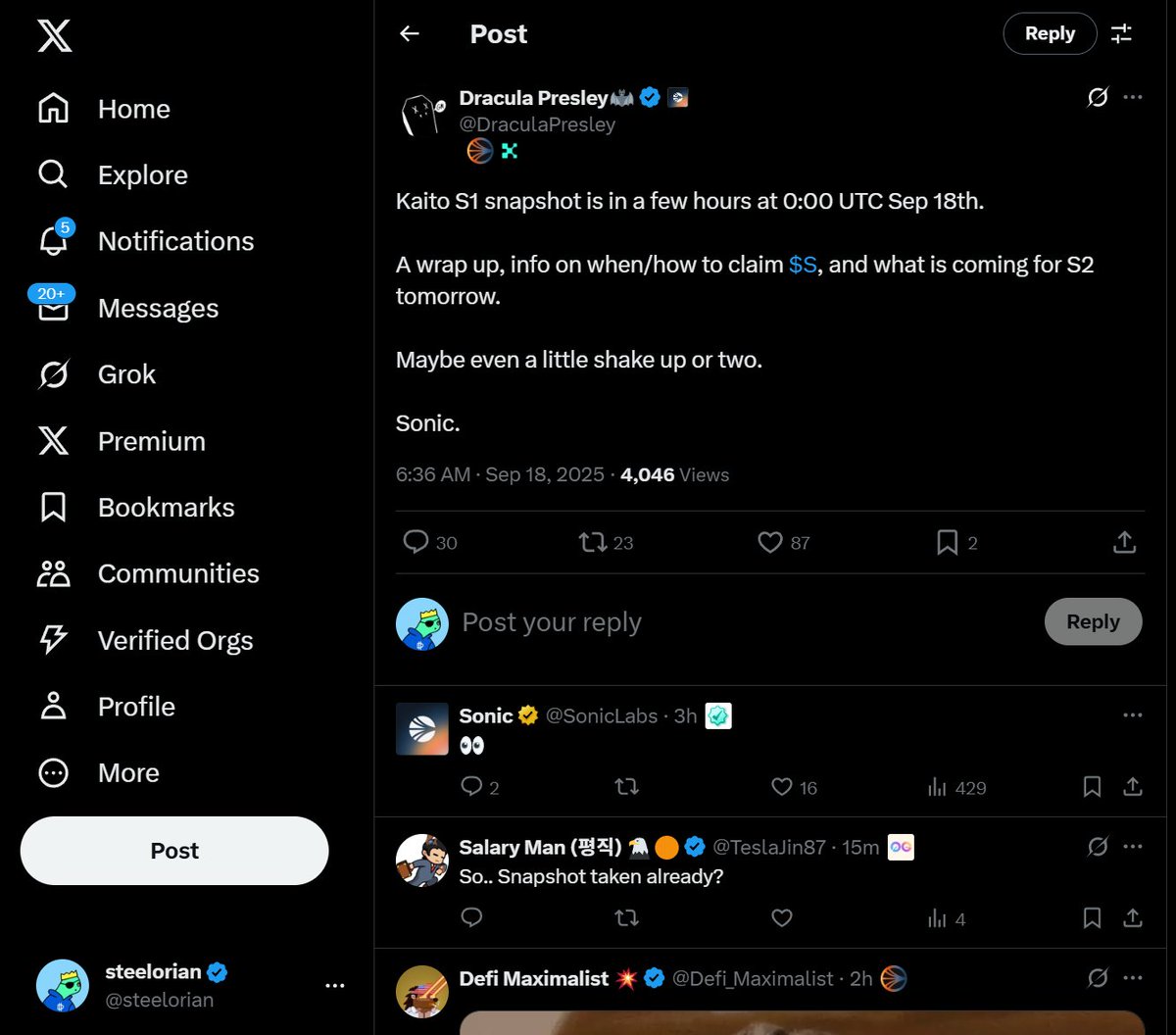 소닉 시즌 1 미국시간 9월18일 0시 스냅샷! 한국시간으로 18일 오전 9시에 찍었다고 합니다. Head Of Ecosystem  @DraculaPresley @Soniclabs $S 코인 수령 시기와 방법 그리고 시즌 2 추가될 내용을 곧 공지 한다고 합니다.