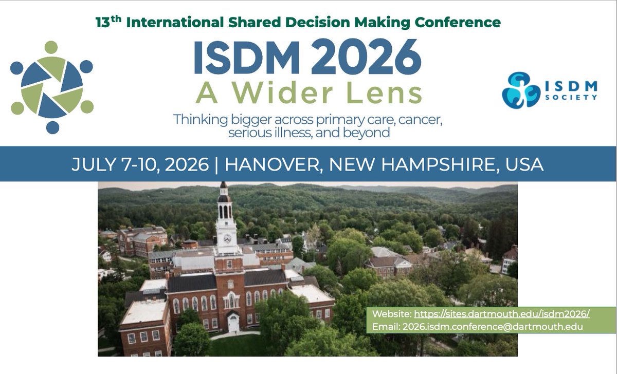📢 ISDM 2026 Conference: Call for Abstracts is OPEN

📝 Submission deadline: December 8, 2025, 11:59 PM EST (*Check: worldtimebuddy.com)
🎟 Early bird reg opens: Sept 30, 2025

👉 More Info: sites.dartmouth.edu/isdm2026/

#SharedDecisionMaking #ISDMConference #ISDM2026